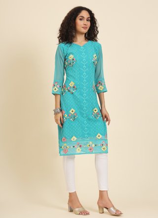 Turquoise Georgette Casual Kurti with Chikankari, Embroidered and Lucknowi Work Work