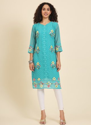 Turquoise Georgette Casual Kurti with Chikankari, Embroidered and Lucknowi Work Work