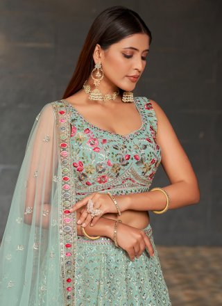 Turquoise Georgette Embroidered, Sequins, Thread and Zari Work A - Line Lehenga Choli for Women
