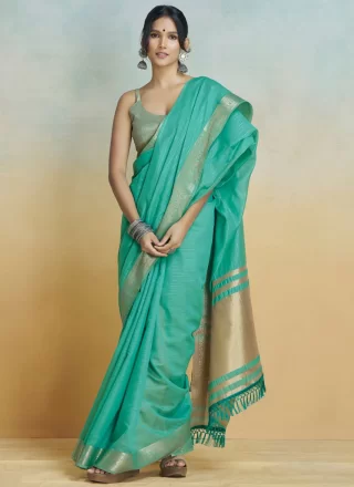 Turquoise Handloom Silk Contemporary Sari with Weaving Work