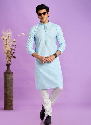 Turquoise Jacquard Silk Fancy Work Kurta Pyjama for Engagement