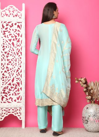 Turquoise Jacquard Work Silk Pant Style Suit