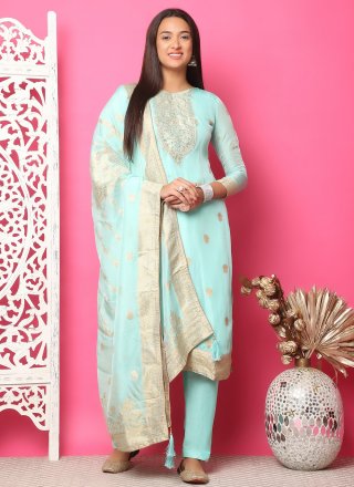 Turquoise Jacquard Work Silk Pant Style Suit