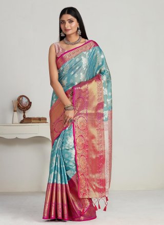 Turquoise Kanjivaram Silk Weaving Work Classic Sari