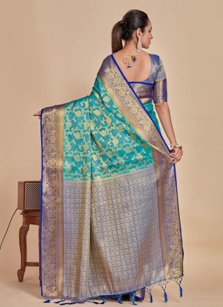 Turquoise Kanjivaram Silk Weaving Work Trendy Saree for Women