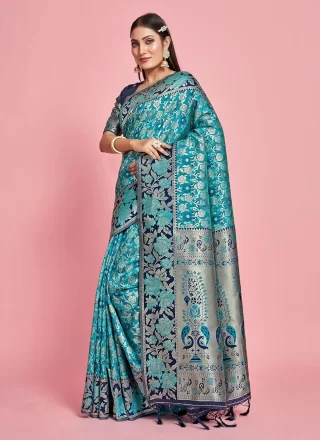 Turquoise Kanjivaram Silk Woven Work Contemporary Sari