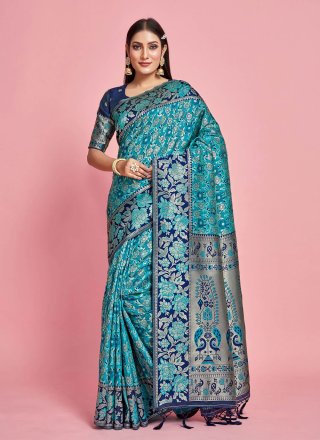 Turquoise Kanjivaram Silk Woven Work Contemporary Sari