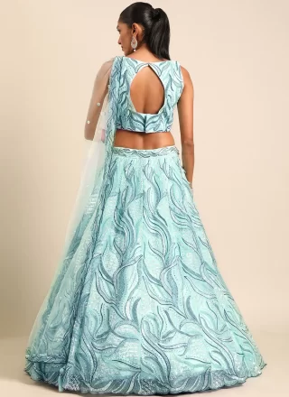 Turquoise Net Cord, Embroidered, Sequins and Thread Work Lehenga Choli for Ceremonial