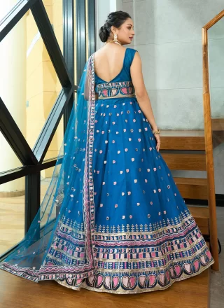 Turquoise Net Embroidered and Sequins Work A - Line Lehenga Choli for Casual