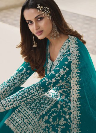 Turquoise Net Embroidered Work Trendy Suit