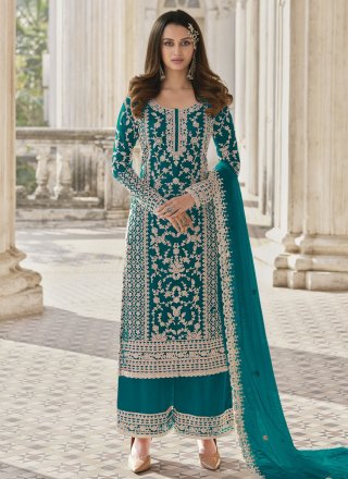 Turquoise Net Embroidered Work Trendy Suit