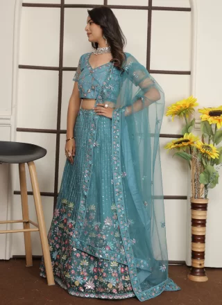 Turquoise Net Lehenga Choli with Embroidered and Sequins Work