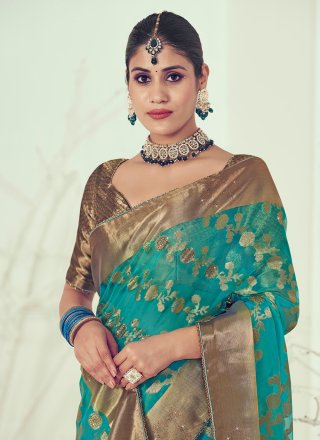 Turquoise Organza Classic Sari with Weaving Work for Women