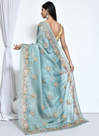 Turquoise Organza Contemporary Sari with Embroidered, Stone and Thread Work for Ceremonial