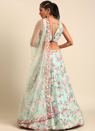 Turquoise Organza Cord, Embroidered, Sequins and Thread Work Lehenga Choli for Ceremonial