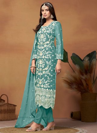 Turquoise Organza Embroidered and Sequins Work Pakistani Salwar Suit for Ceremonial