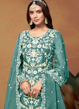 Turquoise Organza Embroidered and Sequins Work Pakistani Salwar Suit for Ceremonial Turquoise Organza Embroidered and Sequins Work Pakistani Salwar Suit for Ceremonial