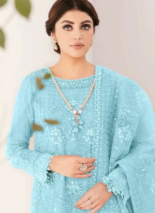 Turquoise Organza Embroidered Work Salwar Suit