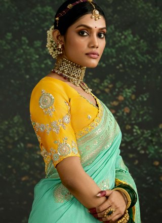 Turquoise Pure Dola Contemporary Saree with