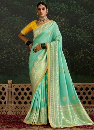 Turquoise Pure Dola Contemporary Saree with