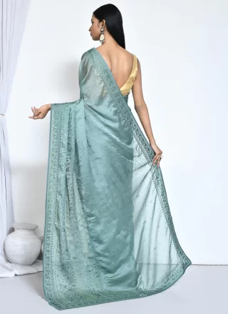 Turquoise Satin Silk Classic Saree