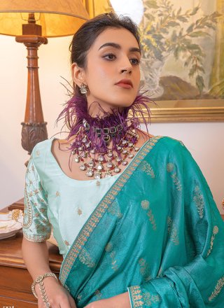 Turquoise Satin Traditional Saree with Embroidered Work for Party