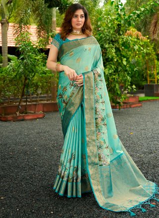 Turquoise Satin Trendy Saree with Digital Print and Weaving Work