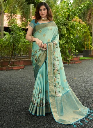Turquoise Satin Trendy Saree with Digital Print and Weaving Work