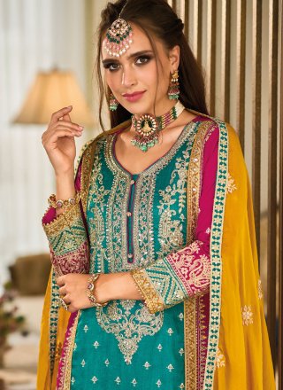 Turquoise Silk Embroidered, Sequins and Thread Work Salwar Suit