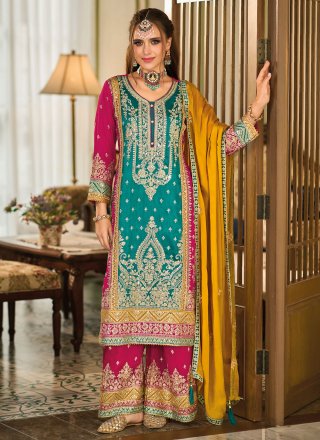 Turquoise Silk Embroidered, Sequins and Thread Work Salwar Suit