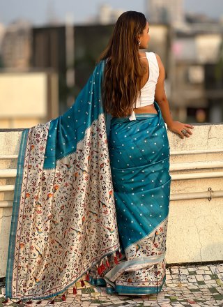 Turquoise Silk Floral Patch Work Contemporary Sari for Women