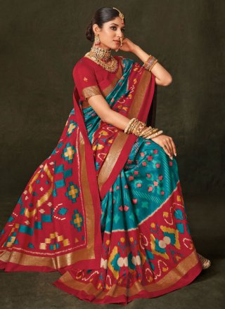Turquoise Silk Foil Print Work Classic Saree for Ceremonial