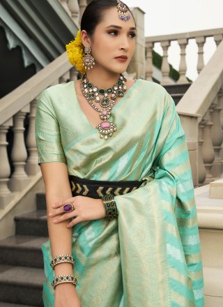 Turquoise Silk Jaal and Weaving Work Designer Sari