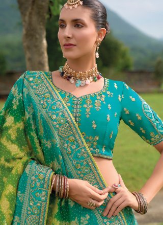 Turquoise Silk Lehenga Choli with Embroidered, Khatli and Zari Work for Women