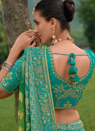 Turquoise Silk Lehenga Choli with Embroidered, Khatli and Zari Work for Women
