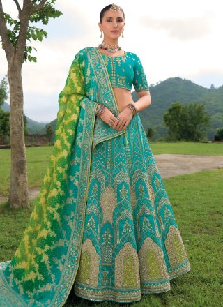 Turquoise Silk Lehenga Choli with Embroidered, Khatli and Zari Work for Women