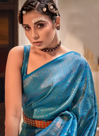 Turquoise Silk Weaving and Zari Work Trendy Saree for Ceremonial