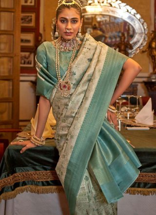 Turquoise Tussar Silk Patch Border, Digital Print and Zari Work Trendy Saree for Women