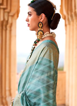 Turquoise Viscose Foil Print Work Designer Sari