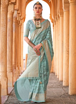 Turquoise Viscose Foil Print Work Designer Sari