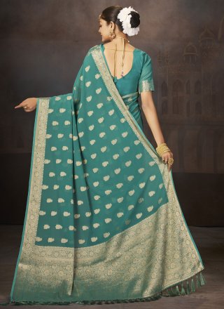 Turquoise Weaving Work Faux Georgette Trendy Saree