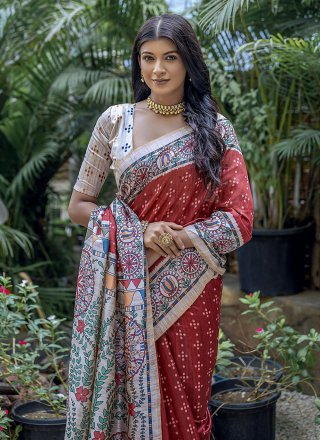 Tussar Silk Casual Saree In Red