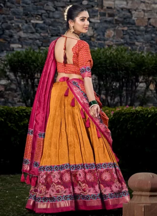 Tussar Silk Lehenga Choli with Floral Patch and Foil Print Work