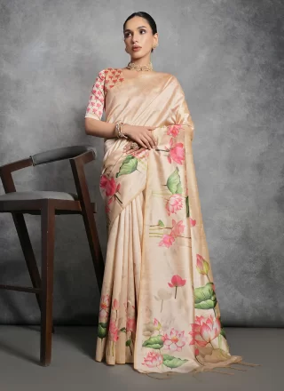 Tussar Silk Trendy Saree In Cream