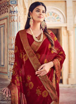 Unique Red Georgette Trendy Saree with Print Work
