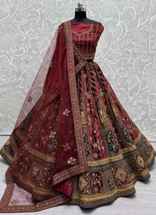 Velvet A - Line Lehenga Choli with Diamond, Dori, Embroidered, Fancy, Lace, Patch Border, Sequins and Zari Work