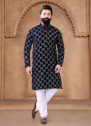 Velvet Kurta Pyjama In Blue