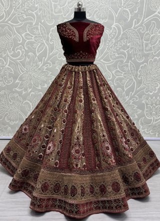 Velvet Lehenga Choli In Beige and Maroon