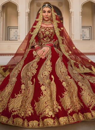 Velvet Lehenga Choli In Red