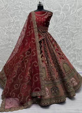 Velvet Lehenga Choli with Diamond, Dori, Embroidered, Mirror, Sequins, Thread and Zari Work